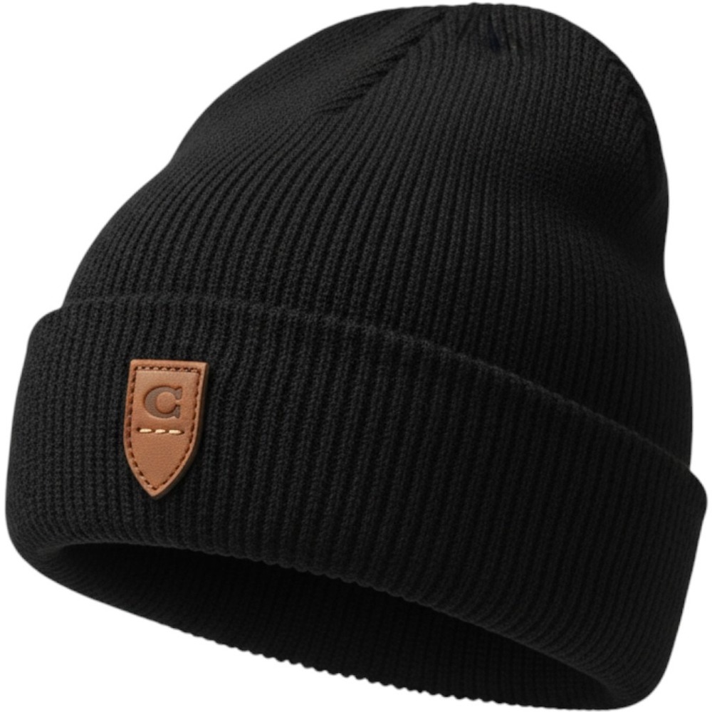 Coach Beanie Hat Unisex OS Black Wool Leather Logo Ribbed Knit 6917
